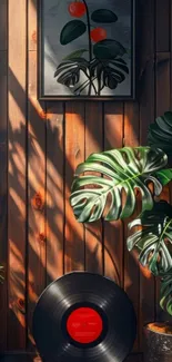 A vinyl record with plant decor on a wooden wall.