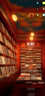 Cozy record room with vinyls and ornate ceiling lights.