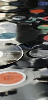 Close-up of vintage vinyl records scattered artistically.