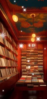 Vintage vinyl room with warm lights and artistic ceiling.