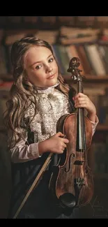 Young violinist in a warm vintage library setting.