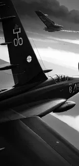 Black and white vintage warplane soaring through cloudy skies.