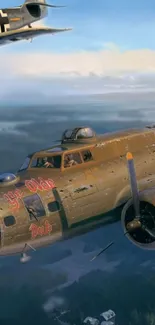 Vintage WWII bomber aircraft flying through cloudy skies.