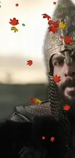 Medieval warrior with helmet and autumn leaves backdrop.