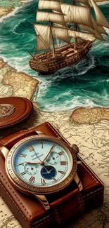 Vintage watch and sailboat wallpaper with antique map.