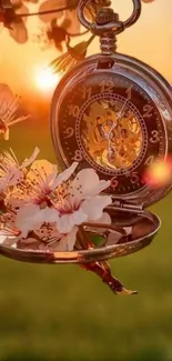 Vintage watch with blossoms at sunset scene.