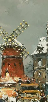 Vintage windmill art with snowy background.