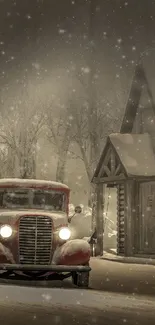 Vintage car parked by snowy winter cabin at night.