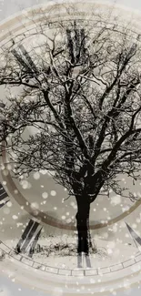 Leafless tree over vintage clock with winter snow.