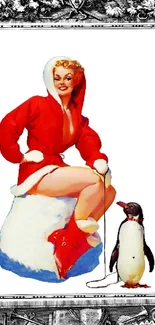 Vintage winter illustration with woman and penguin.