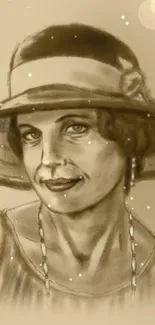 Vintage sepia portrait of a woman wearing a classic hat on a beige background.