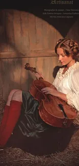 Vintage woman holding a violin in rustic setting.