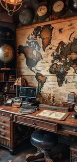Vintage study room with world map and wooden desk.