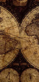 Vintage world map, earthy tones, mobile wallpaper.