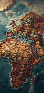 Vintage world map with teal background focusing on Africa.