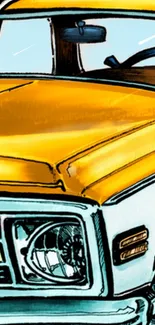 Artistic illustration of a vintage yellow car on a mobile wallpaper.