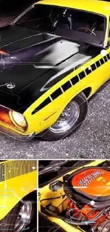 Yellow vintage muscle car showcasing classic design and engine.