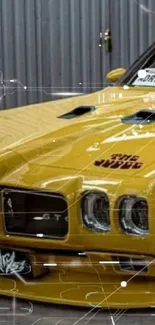 Vintage yellow muscle car in a garage setting, showcasing classic design.