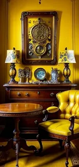 Vintage room with yellow decor and classic furniture.