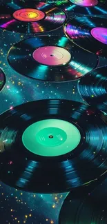 Colorful vinyl records floating in a starry galaxy background.