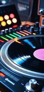 Vibrant vinyl turntable with colorful sound settings.