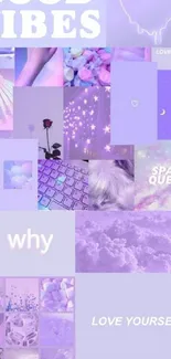 Violet aesthetic wallpaper with positive phrases and dreamy collage design.