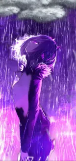 Anime character in violet rain with artistic flair.