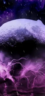 Violet moon with clouds and lightning over water.