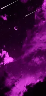 Violet night sky with crescent moon and stars.