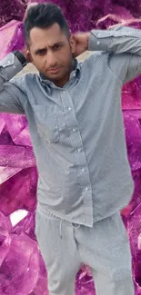 Person in casual attire with violet crystal background.