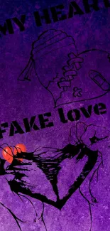 Violet wallpaper with heart and 'Fake Love' text design.