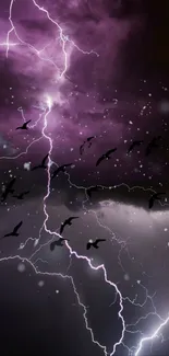 Dynamic violet lightning strikes with birds in the dark night sky.