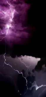 Vibrant violet lightning strikes across a dark, stormy sky, creating dramatic mobile wallpaper.