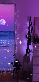 Violet ocean view with moonlit sky and calming lights.