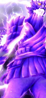 Mystical armored figure in vibrant purple lightning storm wallpaper.