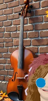 Violin leaning on a brick wall with autumn leaves.