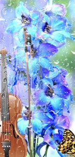 Violin with blue flowers and butterfly wallpaper.