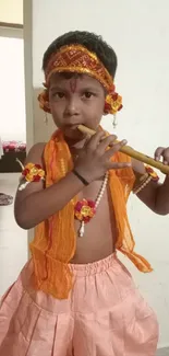 Child in Krishna costume playing flute, vibrant attire.