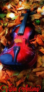 Violin resting on colorful autumn leaves.