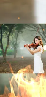 Violinist playing in a forest with fiery elements.