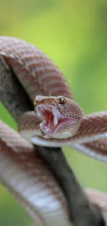 Snake coiled on a branch with vibrant green backdrop.