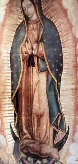 Iconic Virgin Mary image with golden hues on mobile wallpaper.