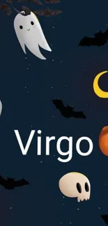 Virgo Halloween mobile wallpaper with ghosts and pumpkins on dark navy background.