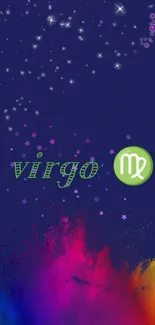 Virgo zodiac wallpaper with cosmic stars and colorful nebula.