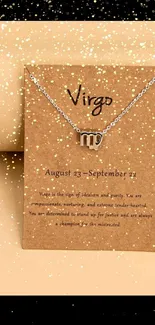 Virgo gold zodiac wallpaper with glitter and necklace design.