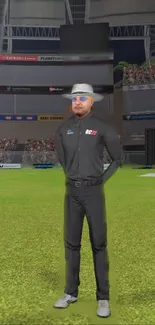 Virtual cricket umpire standing on bright green field in a stadium.