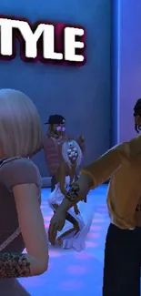 Avatars dancing in a virtual club scene with vibrant lighting.