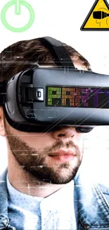 Person wearing VR headset with party graphics.