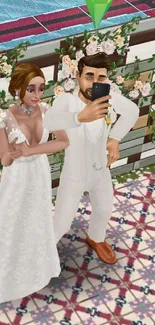 Virtual bride and groom taking a selfie in a floral-decorated setting.