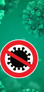 Green virus protection wallpaper with a red COVID prevention symbol.